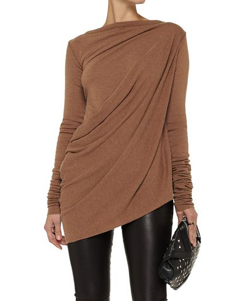 

High Elasticity Boat Neck Regular Fit Long Sleeve Urban T-Shirt, Brown, Tees