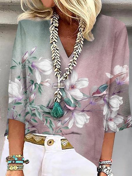 

Casual Floral V Neck Regular Fit T-Shirt, Pink, T-Shirts
