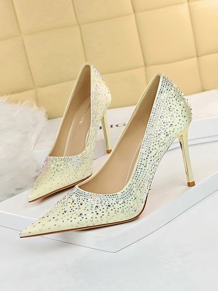 

Sparkling Rhinestone Elegant Party Stiletto Heel Shallow Pumps, Beige, Heels