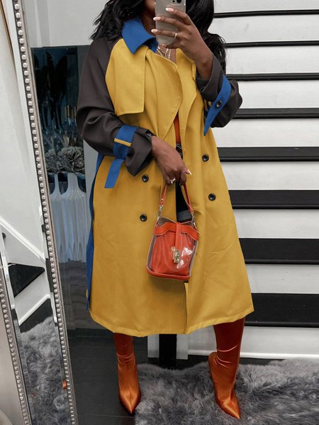

Casual Color Block Regular Fit Shawl Collar Trench Coat, Yellow, Trench Coats