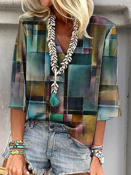 

Casual Abstract Regular Fit V Neck T-Shirt, Green, Long sleeves