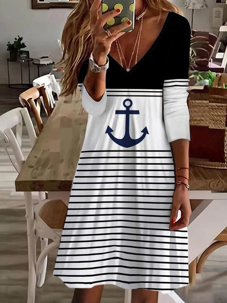 

V Neck Casual Anchor Dress With Belt, Black, Dresses