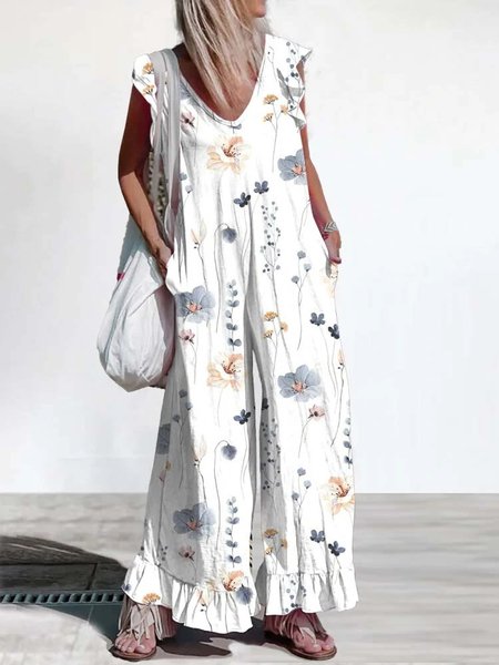 

Floral Casual V Neck Loose Jumpsuit, White, Jumpsuits＆Rompers