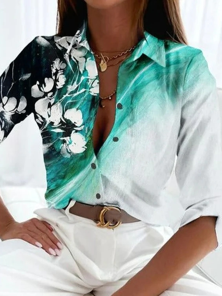 

Casual Floral Loose Shawl Collar Blouse, Green, Shirts & Blouses