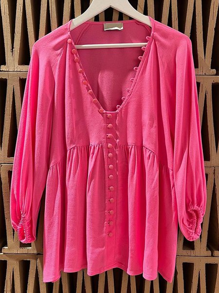 

Loose Casual V Neck Plain Shirt, Rose red, Shirts & Blouses