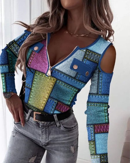 

Color Block V Neck Regular Fit Casual Shirt, Blue, Shirts & Blouses