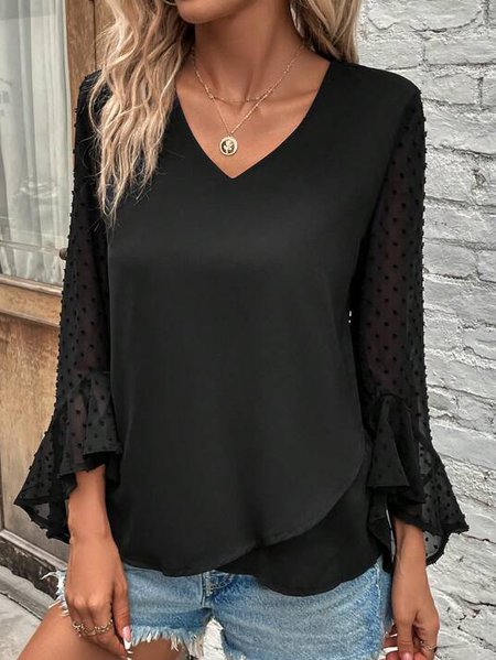 

Plain V Neck Casual Loose Shirt, Black, Shirts & Blouses
