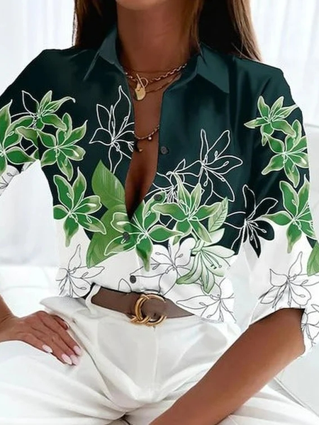 

Loose Casual Floral Shawl Collar Blouse, White-green, Shirts & Blouses