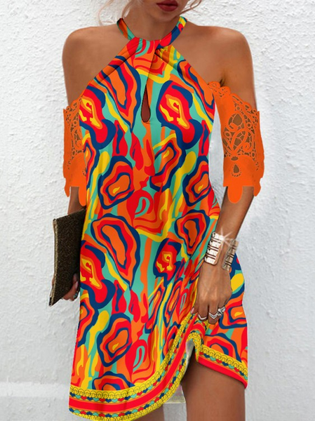 

Loose Psychedelic Art Lace Sleeve Casual Dress, Orange, Dresses