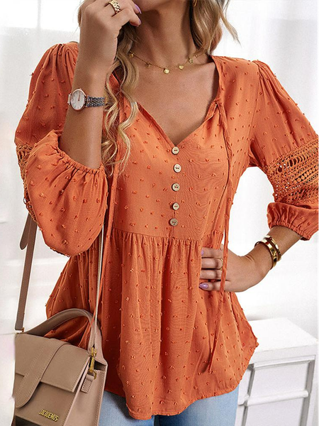 

Lace Plain V Neck Casual Shirt, Orange, Shirts & Blouses