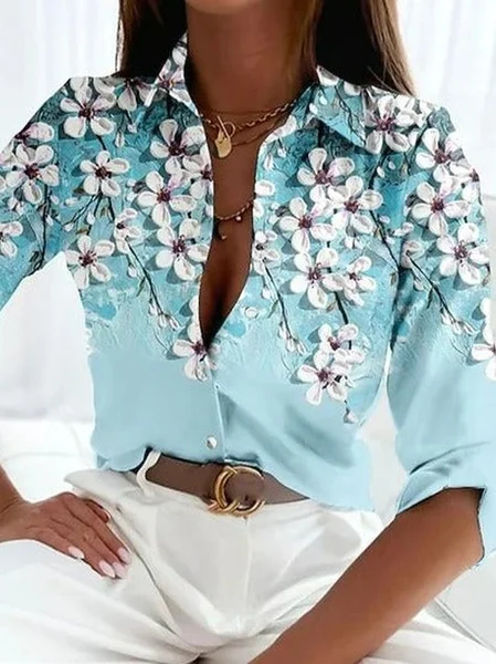 

Shawl Collar Casual Floral Loose Blouse, Blue, Shirts & Blouses