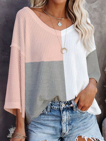 

V Neck Color Block Loose Casual Shirt, Pink, Shirts & Blouses