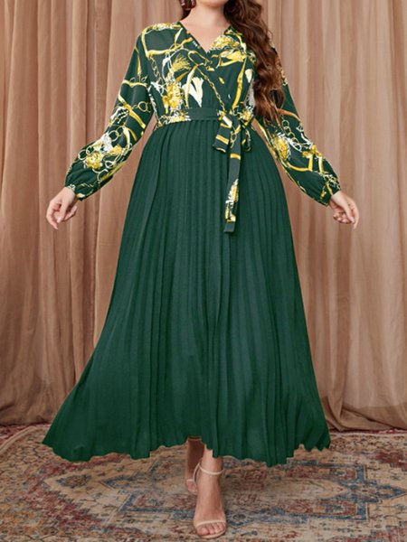 

Plus Size Casual Loose V Neck Dress With No, Darkgreen, Dresses