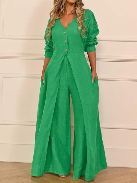 

Loose Plain V Neck Three Quarter sleeve Casual Jumpsuit, Green, Jumpsuits
