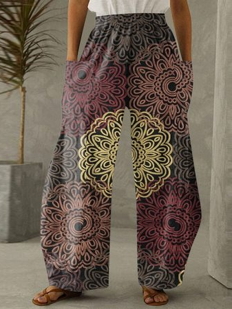 

Women's Retro Casual Ethnic Pattern Stretch Loose Wide Leg Pants Straight Leg Trousers, As picture, Pants