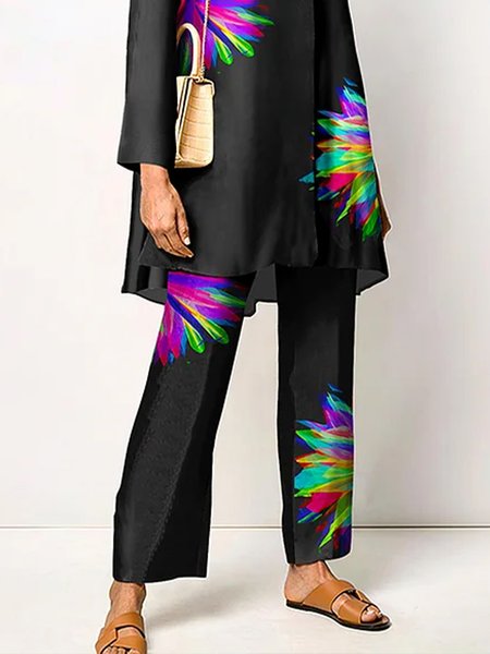 

Loose Urban Floral Fashion Straight Pants, Black, Pants