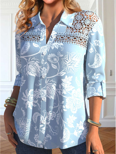 

Shawl Collar Casual Loose Lace Blouse, Blue, Shirts & Blouses