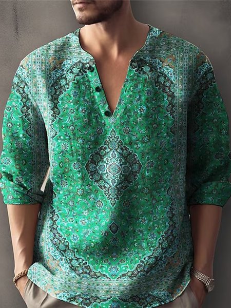 

Printing Vacation Half Open Collar Cotton And Linen Shirt, Color7, Shirts ＆ Blouse