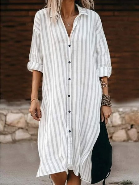 

Loose Buckle Striped Casual Dress, Light gray, Dresses