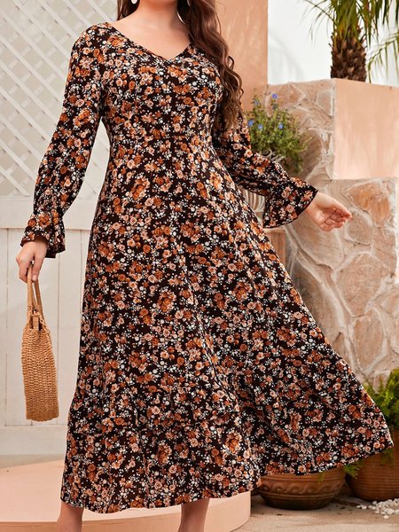 

Plus Size Printing Loose Casual Dress With No, Brown, Dresses