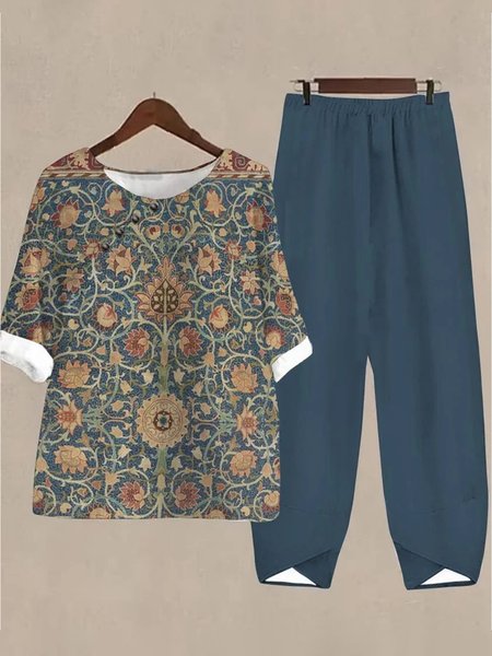 

Loose Crew Neck Ethnic Casual Two-Piece Set, Blue, Suit Set