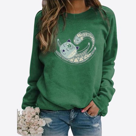 

Casual Paisley Cat Pattern Long Sleeve Pullover Sweatshirt Everyday Versatile Women's Clothing, Green, Sweatshirts & Hoodies