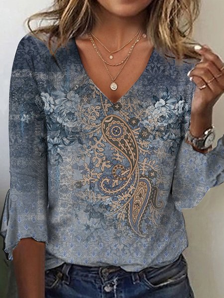 

Casual Loose Flare Sleeve V Neck Ethnic T-Shirt, Blue, T-Shirts