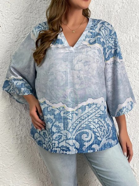 

Plus Size Loose Ethnic Ethnic V Neck T-Shirt, Blue, T-Shirts