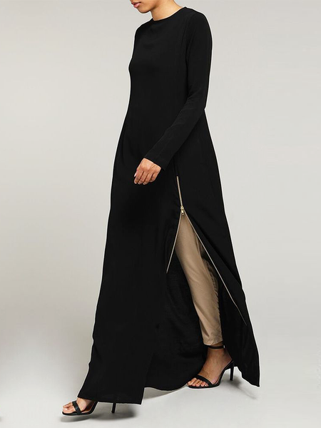 

High Elasticity Plain Crew Neck Long Sleeve Urban Loose Long Shirt, Black, Blouses and Shirts