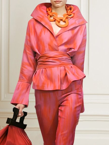 

Elegant Regular Fit Random Print Blouse With Belt, As picture, Blouses and Shirts