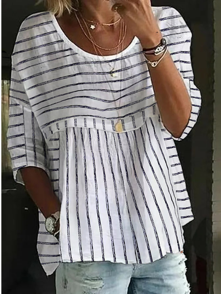 

Casual Loose Crew Neck Striped Shirt, White, Shirts & Blouses