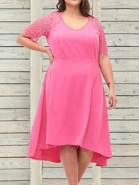 

Plus Size Lace Plain Loose Casual Dress With No, Deep pink, Dresses