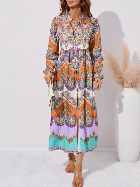 

Women Ethnic Stand Collar Long Sleeve Comfy Casual Maxi Dress, Yellow, Maxi