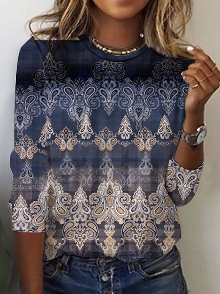 

Casual Ethnic Loose Crew Neck T-Shirt, Dark blue, T-Shirts