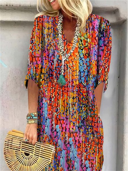 

Gradient Pattern Casual V Neck Loose Dress, Red, Dresses