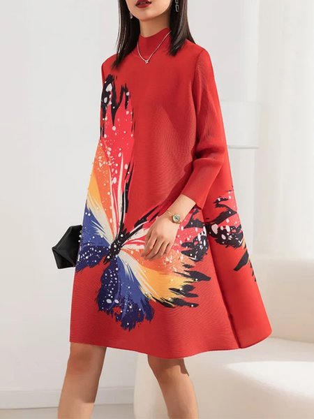

Three Quarter Sleeve Half Turtleneck Elegant Loose Dress, Red, Midi Dresses