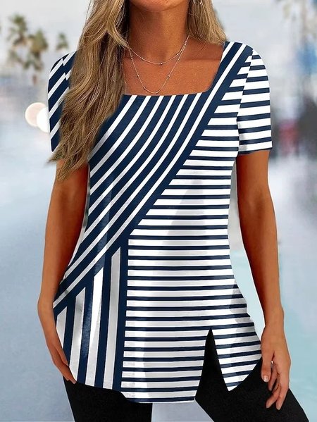 

Square Neck Striped Casual T-Shirt, Stripe, T-Shirts