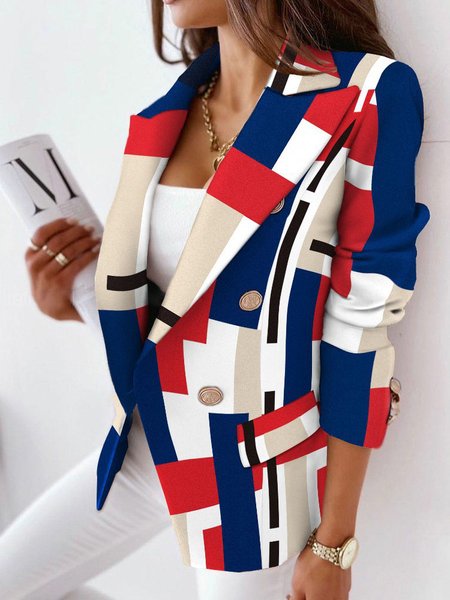 

Lapel Collar Casual Geometric Blazer, Red-blue, Blazers