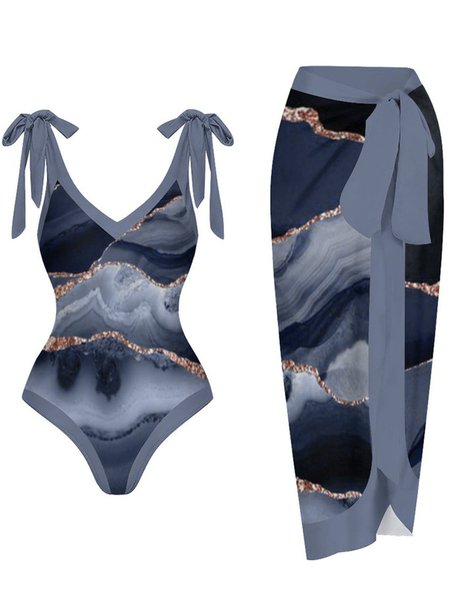 

acation Abstract Printing V Neck V One Piece With Cover Up, Blue, swimwear>>One-Pieces