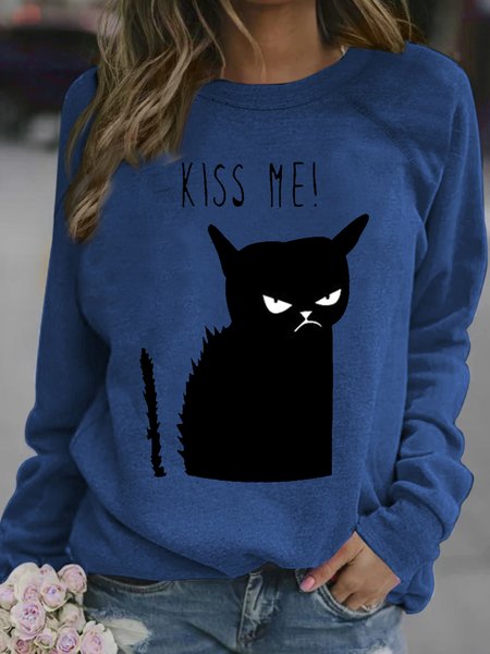 

Women's Cute Kiss Me Letter Cat Print Letters Sweatshirt, Blue, Hoodies&Sweatshirts