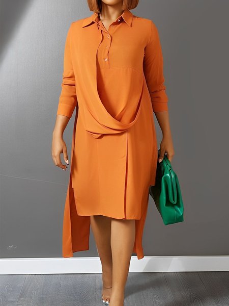 

Elegant Regular Fit Plain Ruched Shirt Collar Dress, Orange, Midi Dresses