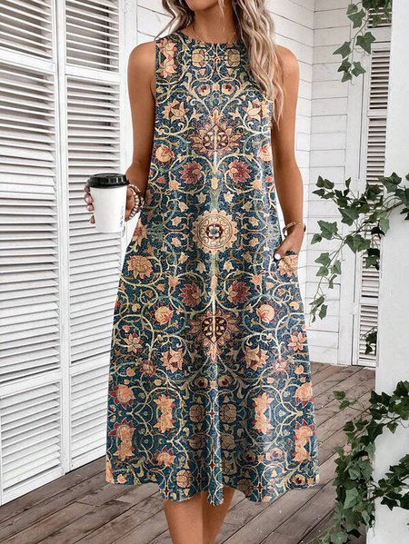 

Crew Neck Knitted Loose Casual Ethnic Dress, Brown, Dresses
