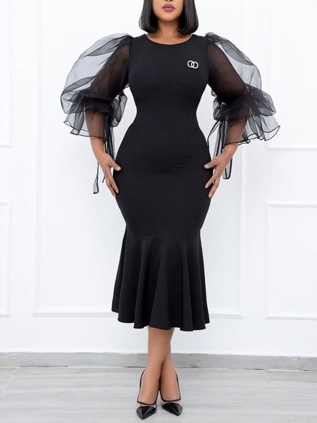 

Elegant Tight Crew Neck Plain Midi Dress With No Belt, Black, Midi Dresses