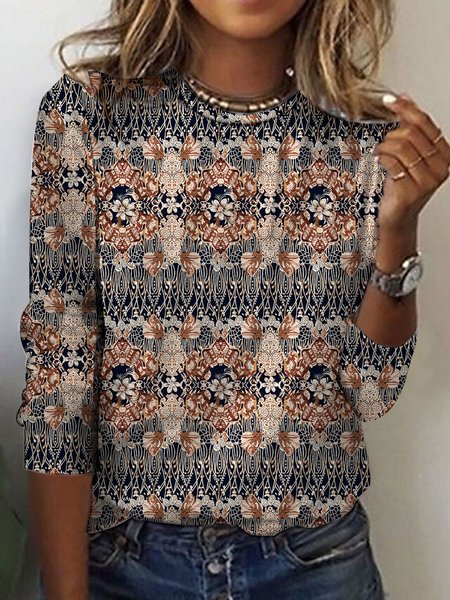 

Crew Neck Loose Ethnic Casual T-Shirt, Brown, T-Shirts