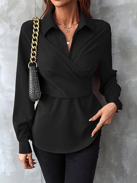 

Urban Shirt Collar Plain Loose Blouse, Black, Blouses and Shirts