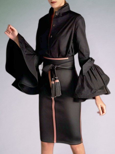 

Plain Elegant Stand Collar Blouse, Black, Blouses and Shirts