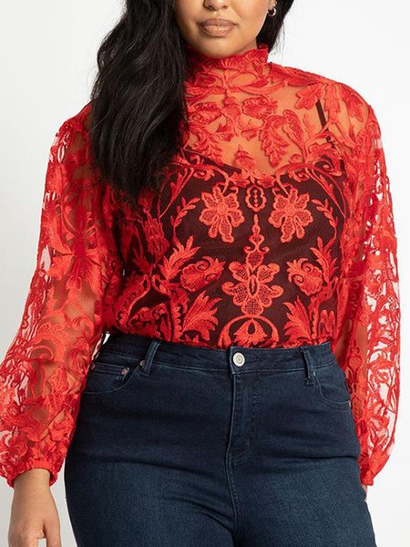 

Plus Size Plain Regular Fit Turtleneck Casual Shirt, Red, Shirts & Blouses