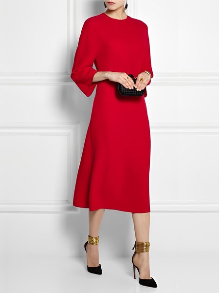

Elegant Crew Neck Plain Long Sleeve Dress, Red, Midi Dresses