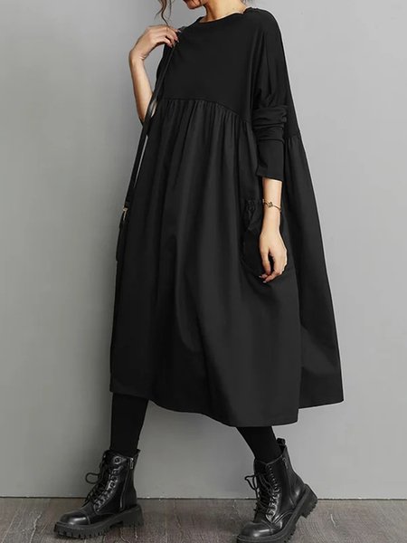 

Long Sleeve Crew Neck Urban Plain Dress, Black, Maxi Dresses