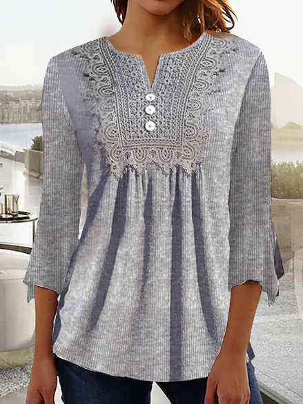 

Loose Notched Lace Casual Shirt, Gray, Shirts & Blouses